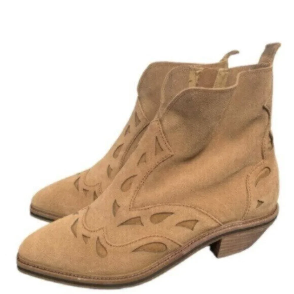 Kelsi Dagger Cliff Mocha Brown Suede Pointed Toe Block Heel Western Ankle Boots